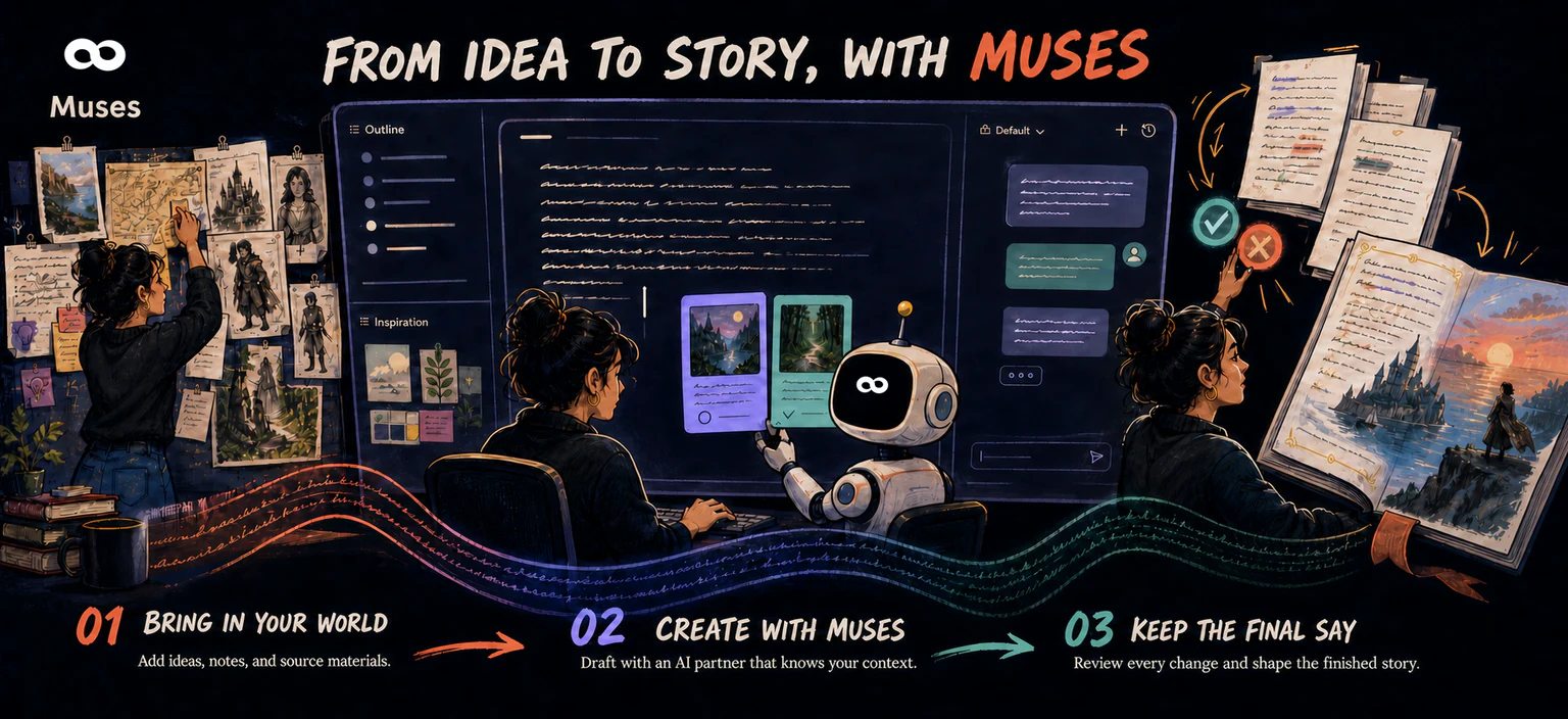 From idea to story, with Muses. 01 Bring in your world: Add ideas, notes, and source materials. 02 Create with Muses: Draft with an AI partner that knows your context. 03 Keep the final say: Review every change and shape the finished story.
